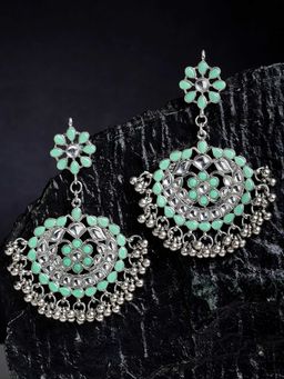 Karatcart - Antique Green Kundan Studded Oxidised Silver Handcrafted Chandbali Earrings for Women