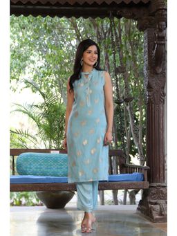 Vaamsi - Womens Poly-chanderi Printed Kurta Trousers Blue (VKSET1262 ) (Set of 2)