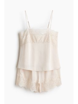H&M - Women White Lace-Trimmed Satin Top And Shorts