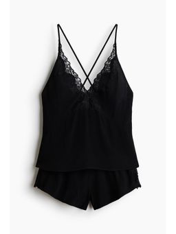 H&M - Women Black Lace-Trimmed Viscose Top With Shorts