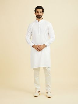 Manyavar - White Embroidered Mandarin Neck Kurta