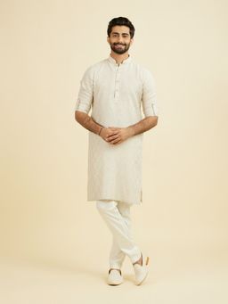 Manyavar - Beige Embroidered Mandarin Neck Kurta