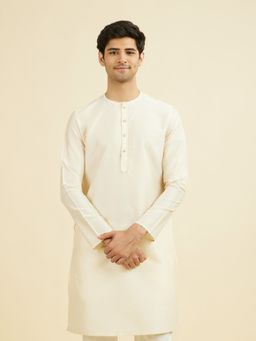 Manyavar - Cream Solid/Plain Round Neck Kurta
