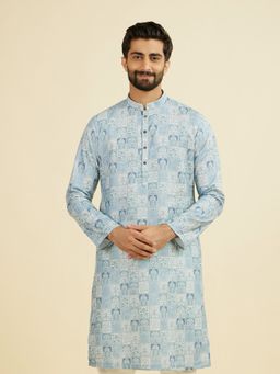 Manyavar - Blue Printed Mandarin Neck Kurta
