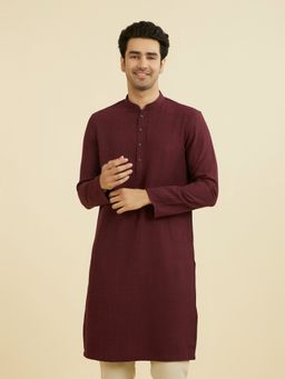 Manyavar - Maroon Self Design Mandarin Neck Kurta