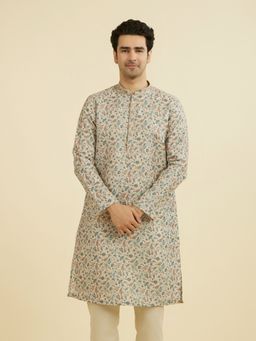 Manyavar - Beige Paisley Mandarin Neck Kurta