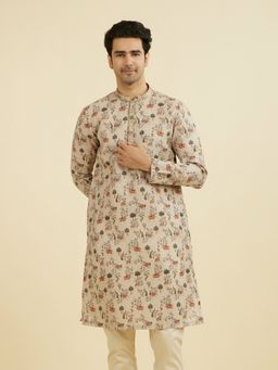Manyavar - Beige Printed Mandarin Neck Kurta
