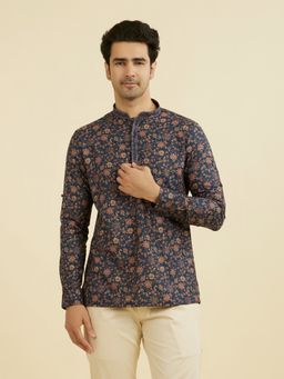 Manyavar - Blue Floral Mandarin Neck Short Kurta