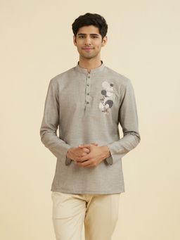 Manyavar - Grey Printed Mandarin Neck Short Kurta