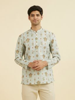 Manyavar - Green Printed Mandarin Neck Short Kurta