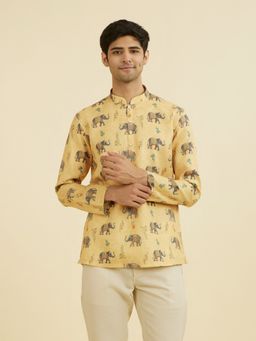 Manyavar - Yellow Printed Mandarin Neck Short Kurta