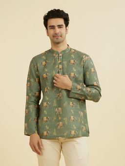 Manyavar - Green Printed Mandarin Neck Short Kurta