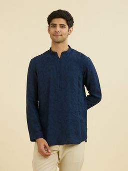 Manyavar - Blue Self Design Mandarin Neck Short Kurta