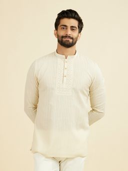Manyavar - Beige Self Design Mandarin Neck Short Kurta