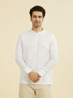 Manyavar - White Self Design Mandarin Neck Short Kurta