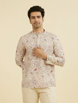 Manyavar - Beige Printed Mandarin Neck Short Kurta