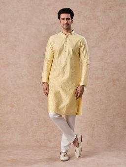 Manyavar - Yellow Embroidered Mandarin Neck Kurta & Pyjama