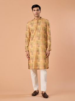 Manyavar - Mustard Embroidered Mandarin Neck Kurta & Pyjama