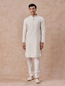 Manyavar - Cream Embroidered Mandarin Neck Kurta & Pyjama