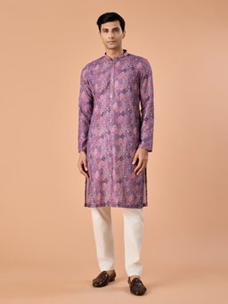Manyavar - Purple Embroidered Mandarin Neck Kurta & Pyjama