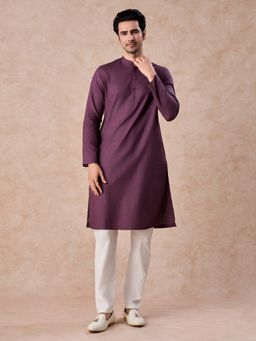 Manyavar - Purple Self Design Mandarin Neck Kurta & Pyjama