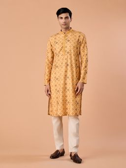 Manyavar - Mustard Printed Mandarin Neck Kurta & Pyjama