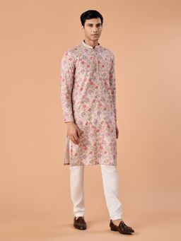 Manyavar - Beige Embroidered Mandarin Neck Kurta & Pyjama