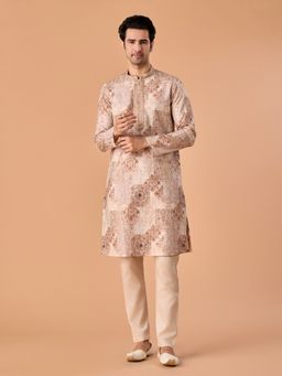 Manyavar - Beige Printed Mandarin Neck Kurta & Pyjama