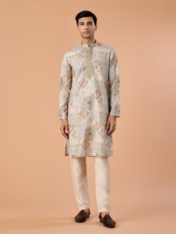 Manyavar - Green Printed Mandarin Neck Kurta & Pyjama
