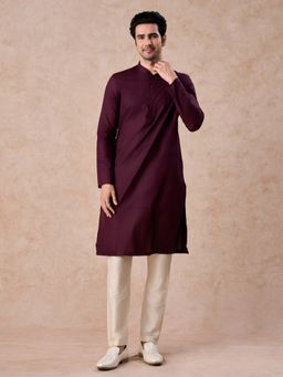 Manyavar - Wine Self Design Mandarin Neck Kurta & Pyjama