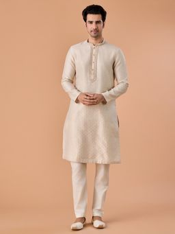 Manyavar - Cream Embroidered Mandarin Neck Kurta & Pyjama
