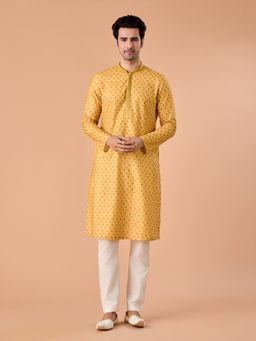Manyavar - Yellow Embroidered Mandarin Neck Kurta & Pyjama