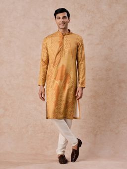 Manyavar - Yellow Printed Mandarin Neck Kurta & Pyjama