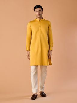 Manyavar - Yellow Solid/Plain Mandarin Neck Kurta & Pyjama