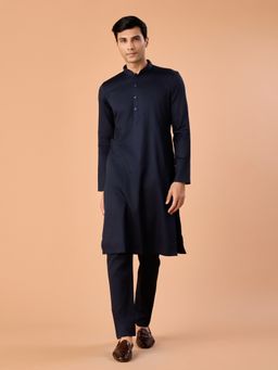 Manyavar - Blue Solid/Plain Mandarin Neck Kurta & Pyjama
