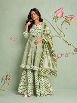Gahan - Green Cotton Blend Floral Printed Kurta with Sharara & Dupatta