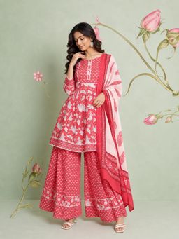 Gahan - Pink Cotton Blend Floral Printed Kurta & Sharara with Dupatta