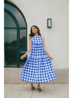 Sugnaa - Classic A-Line Gingham Midi Dress - Indigo