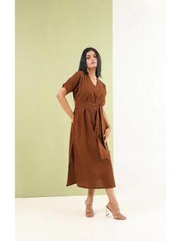 Sugnaa - V Neck Tie Midi Dress with Belt - Earth Brown