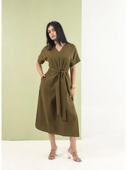 Sugnaa - V Neck Tie Midi Dress with Belt - Olive Green