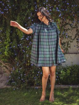 Sugnaa - Womens Green and Blue Checked A-Line Alaya Mini Dress