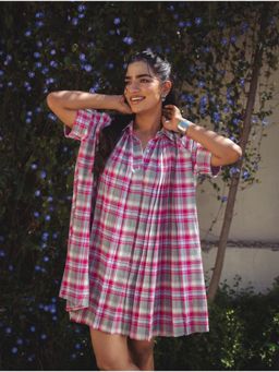 Sugnaa - Womens Pink Checked A-Line Alaya Mini Dress