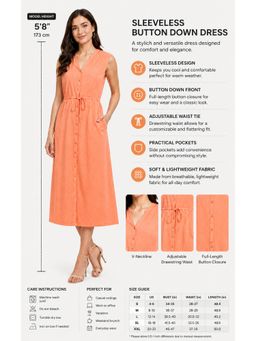 NOBARR - Womens Orange Sleeveless Button-Down Cotton Midi Dress
