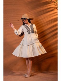 Juniper - Beige Embroidered Viscose Tiered Knee Dress