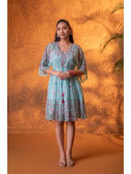 Juniper - Blue Floral Printed Tiered Knee Dress