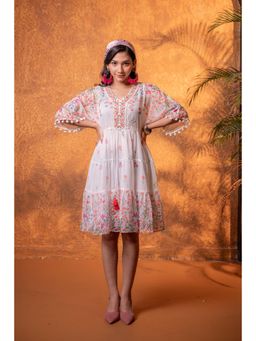 Juniper - White Floral Printed Fit and Flare Knee Dress