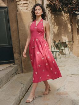 PURVAJA - Womens Fit and Flared Midi Length Sleeveless V-Neck Solid Dress