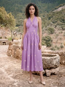 PURVAJA - Womens Fit and Flared Midi Length Sleeveless V-Neck Solid Dress