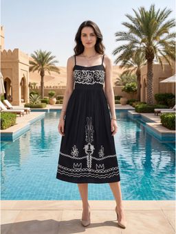 PURVAJA - Women’s Fit and Flare Midi Sleeveless Square Neck Solid Dress