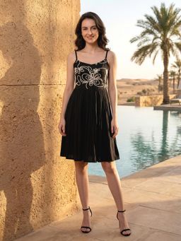 PURVAJA - Womens Fit and Flare Knee Sleeveless Square Neck Solid Dress